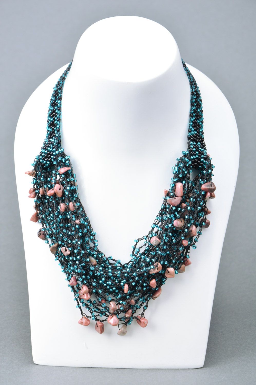 Festive multi-row black necklace woven of Czech and coral beads photo 1