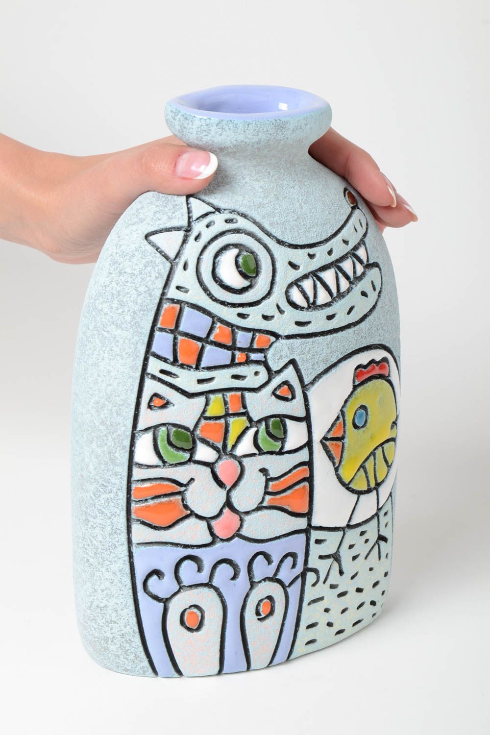 Полуфарфоровая ваза для цветов из глины расписная ручной работы объемом 1 л фото 5