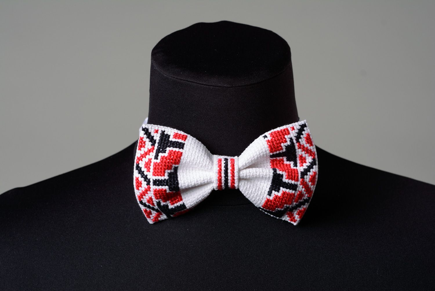 Handmade designer bow tie with cross stitch embroidery photo 1