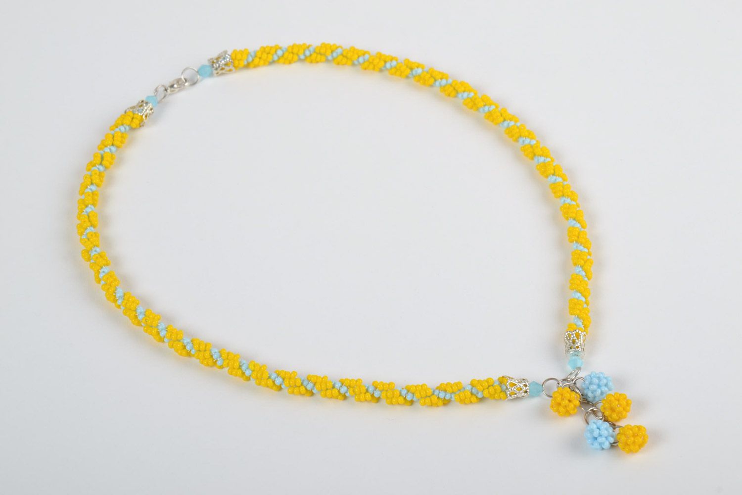 Unusual beautiful stylish handmade long beaded necklace of bright yellow color photo 4