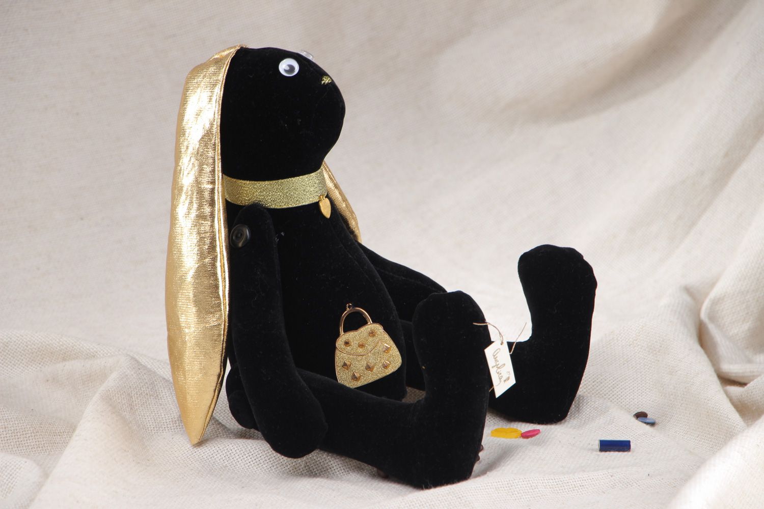 Handmade velour fabric soft toy long-eared hare of black and gold colors for children photo 5