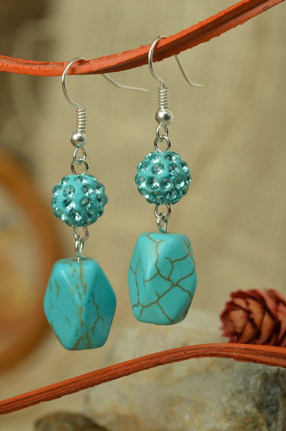 Handmade long beaded earrings styled on turquoise with rhinestones blue designer photo 1