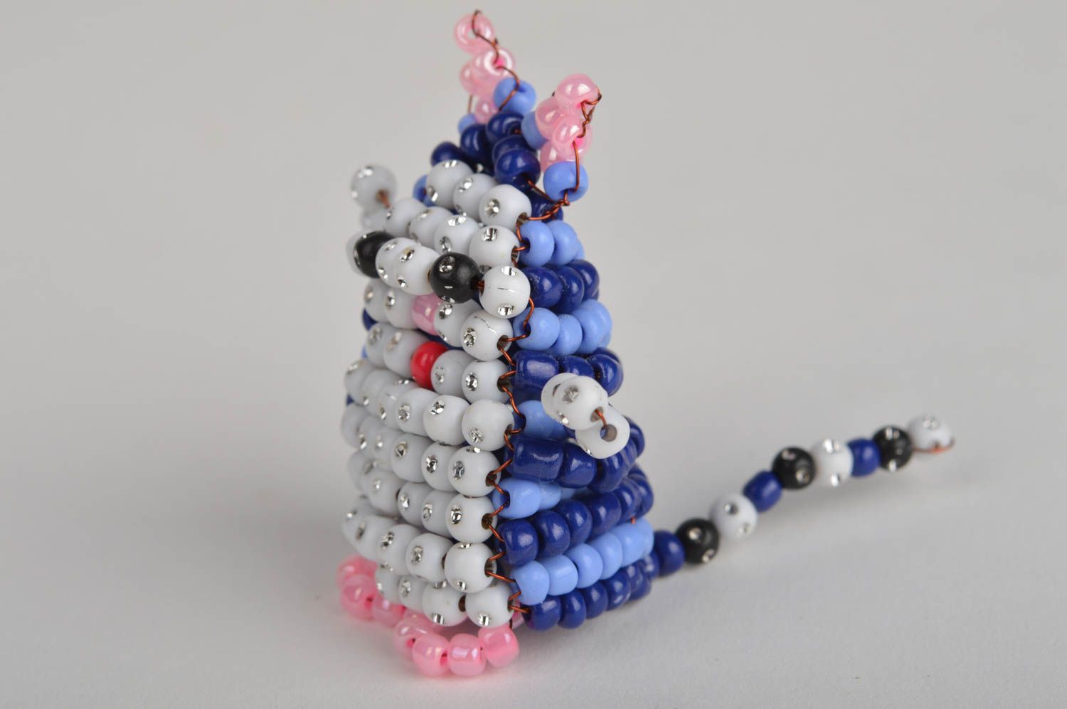 Beautiful funny handmade blue finger puppet toy cat woven of Chinese beads photo 2