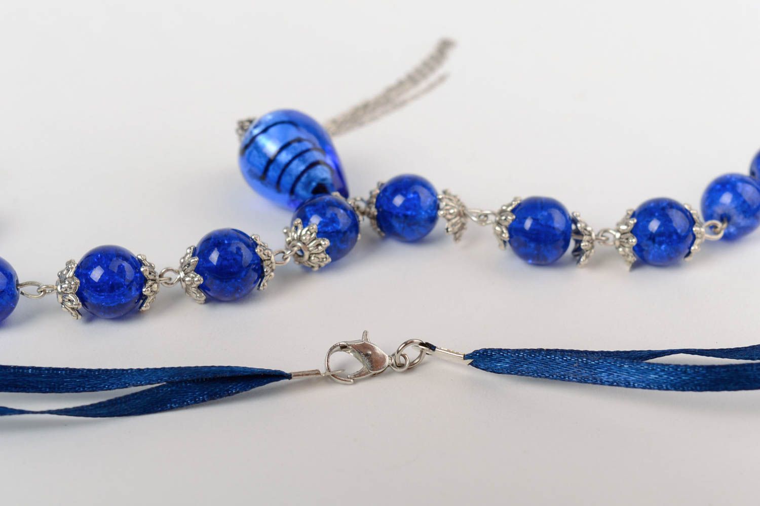 Handmade deep blue designer necklace with glass beads on satin ribbon photo 4