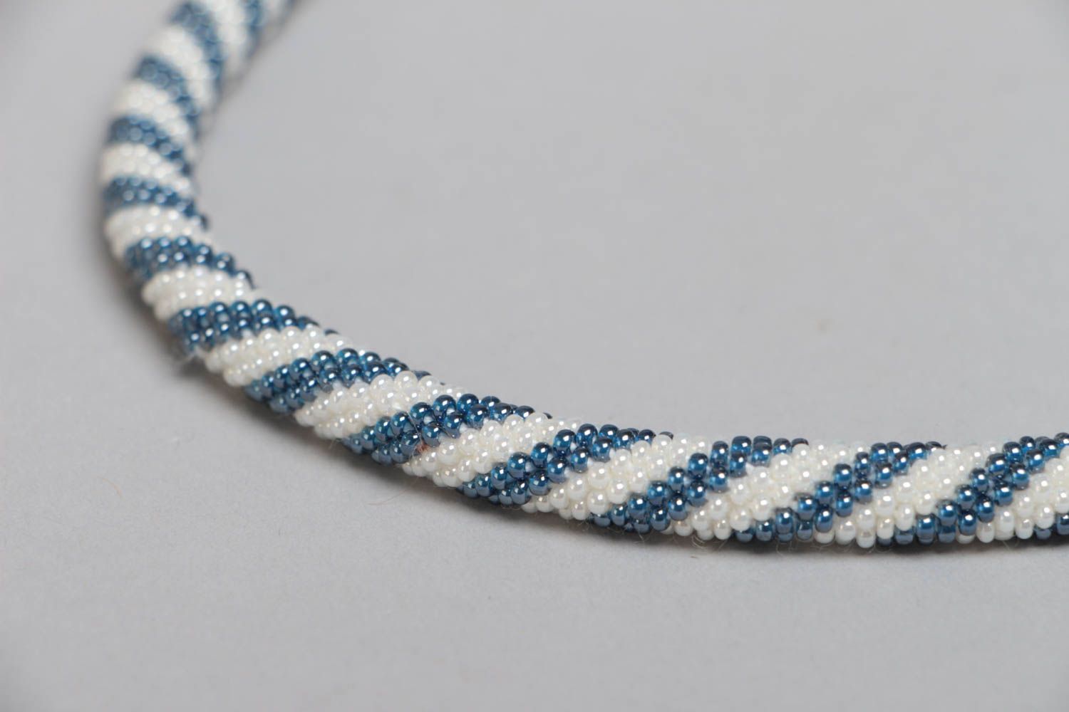 Handmade designer long striped white and blue beaded cord necklace for women photo 3