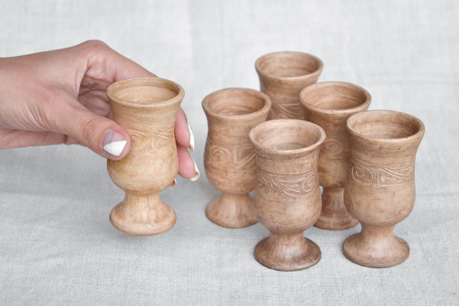 Set of 6 six wine drinking 2,5 oz goblets in Roman style and pattern made of white clay photo 2