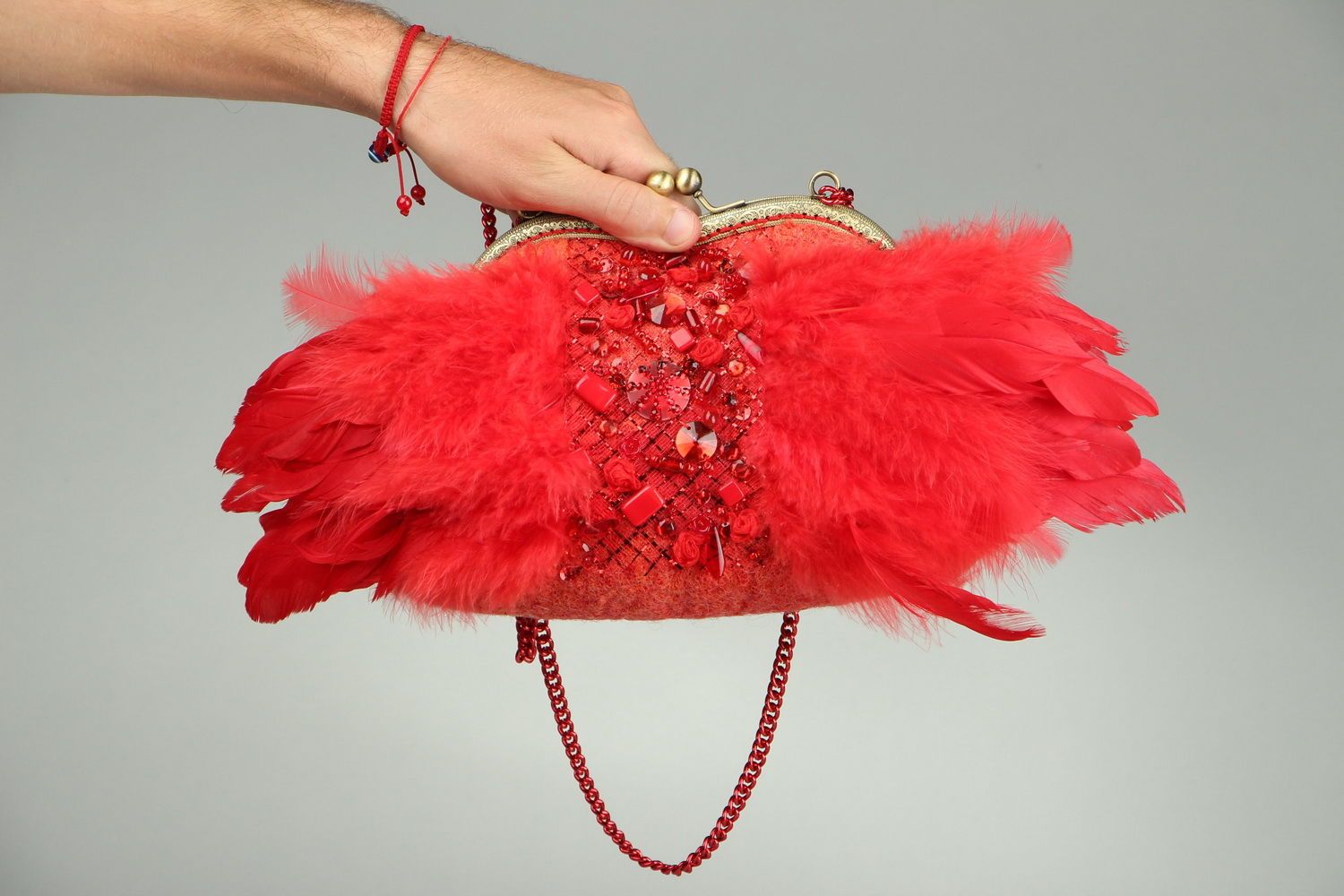 Kleine handgemachte Tasche aus Wolle Roter Flamingo foto 4