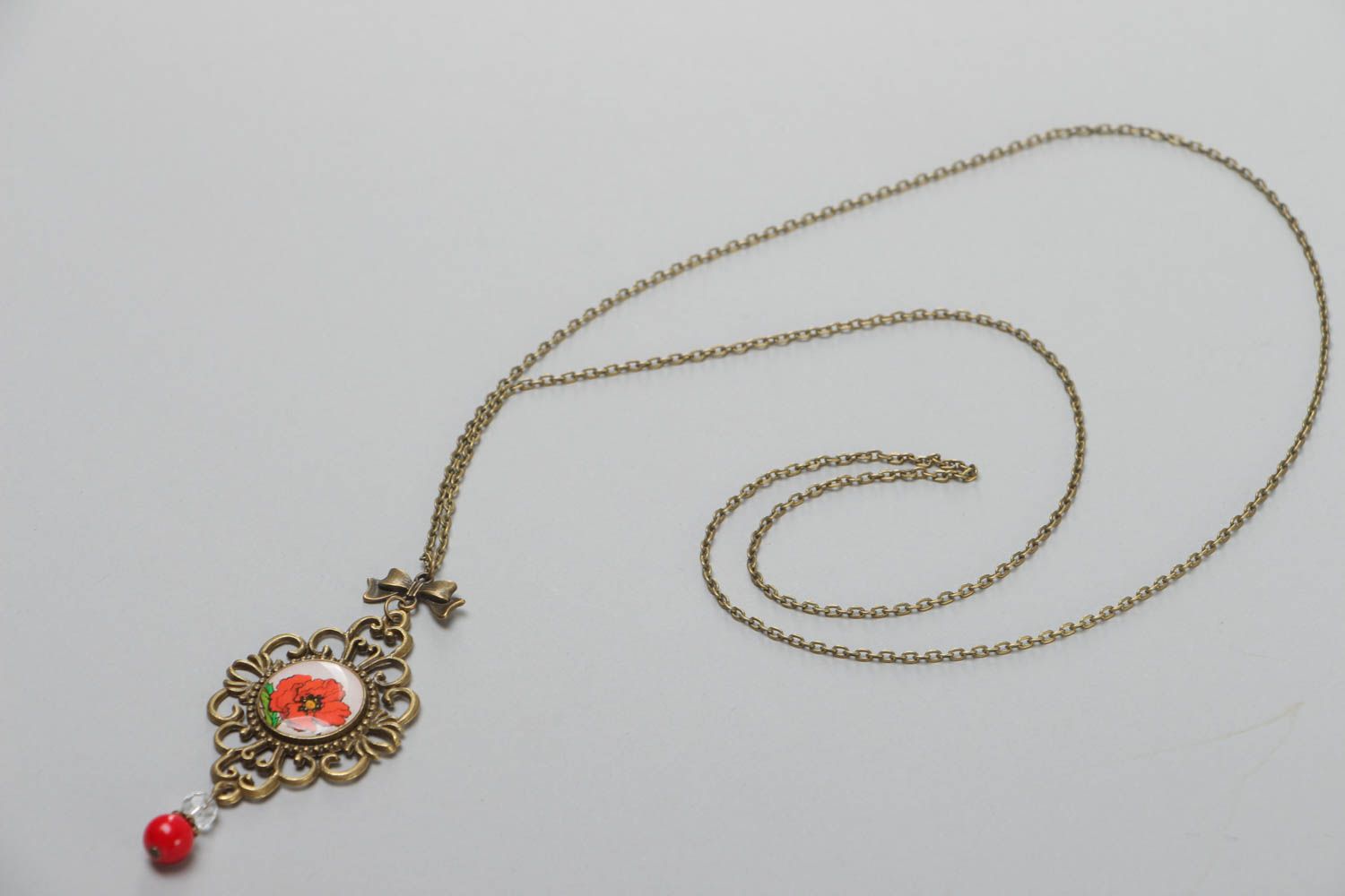 Handmade neck pendant on metal basis with glass-like glaze on chain Red Poppy photo 2