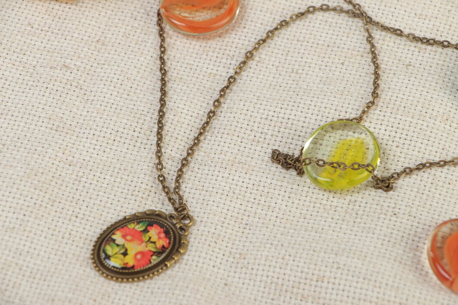 Handmade oval pendant with glass glaze and metal basis on long chain Flowers photo 1