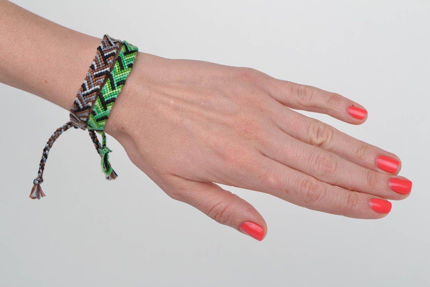 Set of handmade macrame bracelets green and brown designer woven accessories photo 2