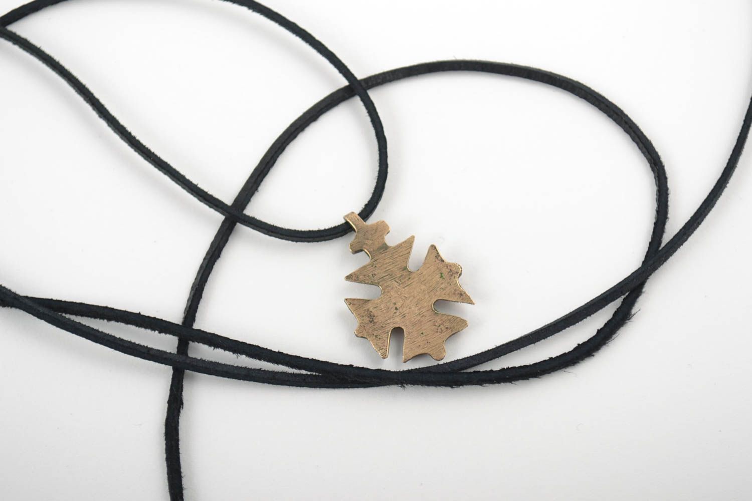 Handmade decorative small bronze next to skin cross pendant necklace on cord  photo 4