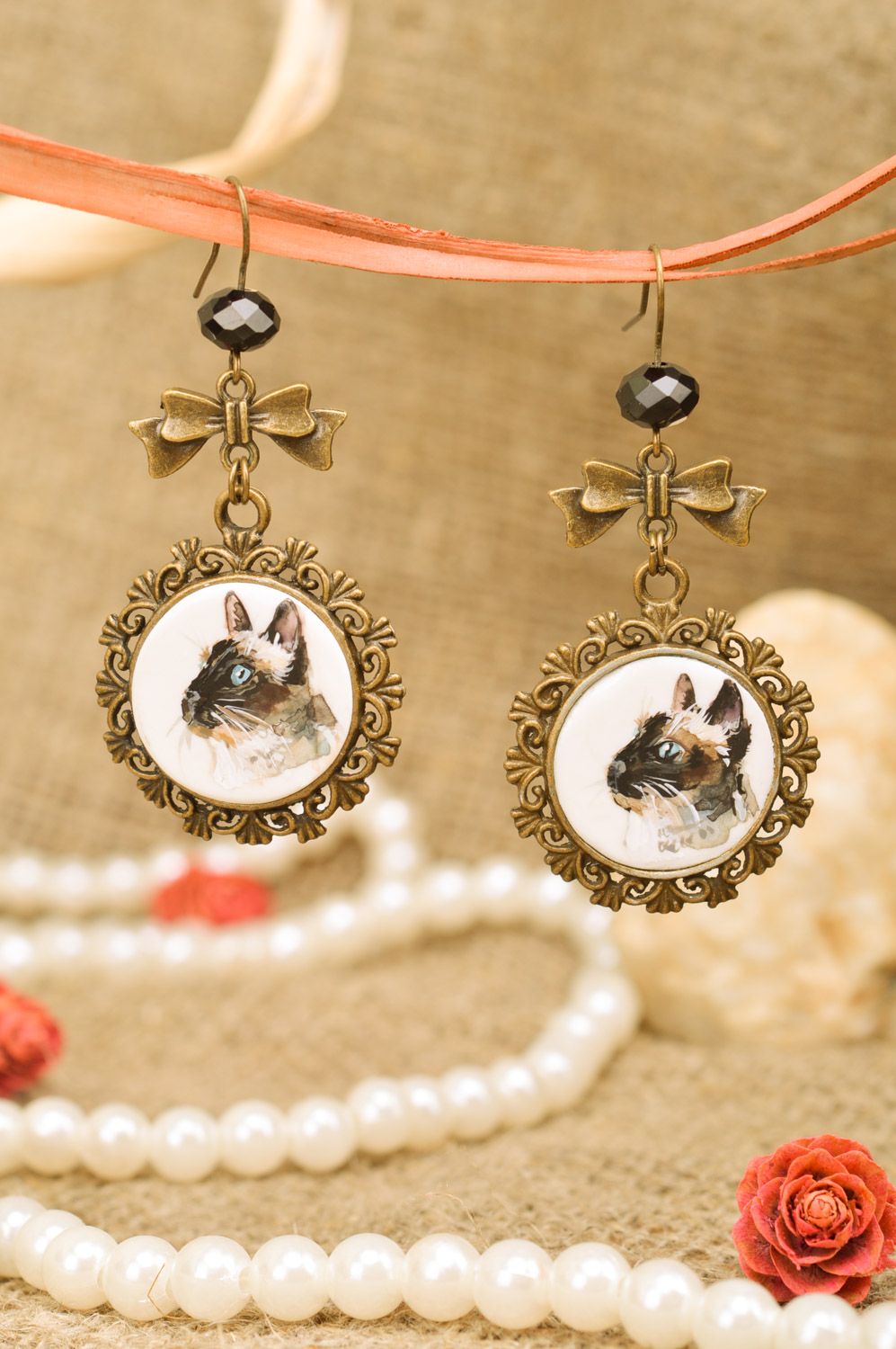 Long handmade metal earrings with miniature painting Siamese Cats photo 1