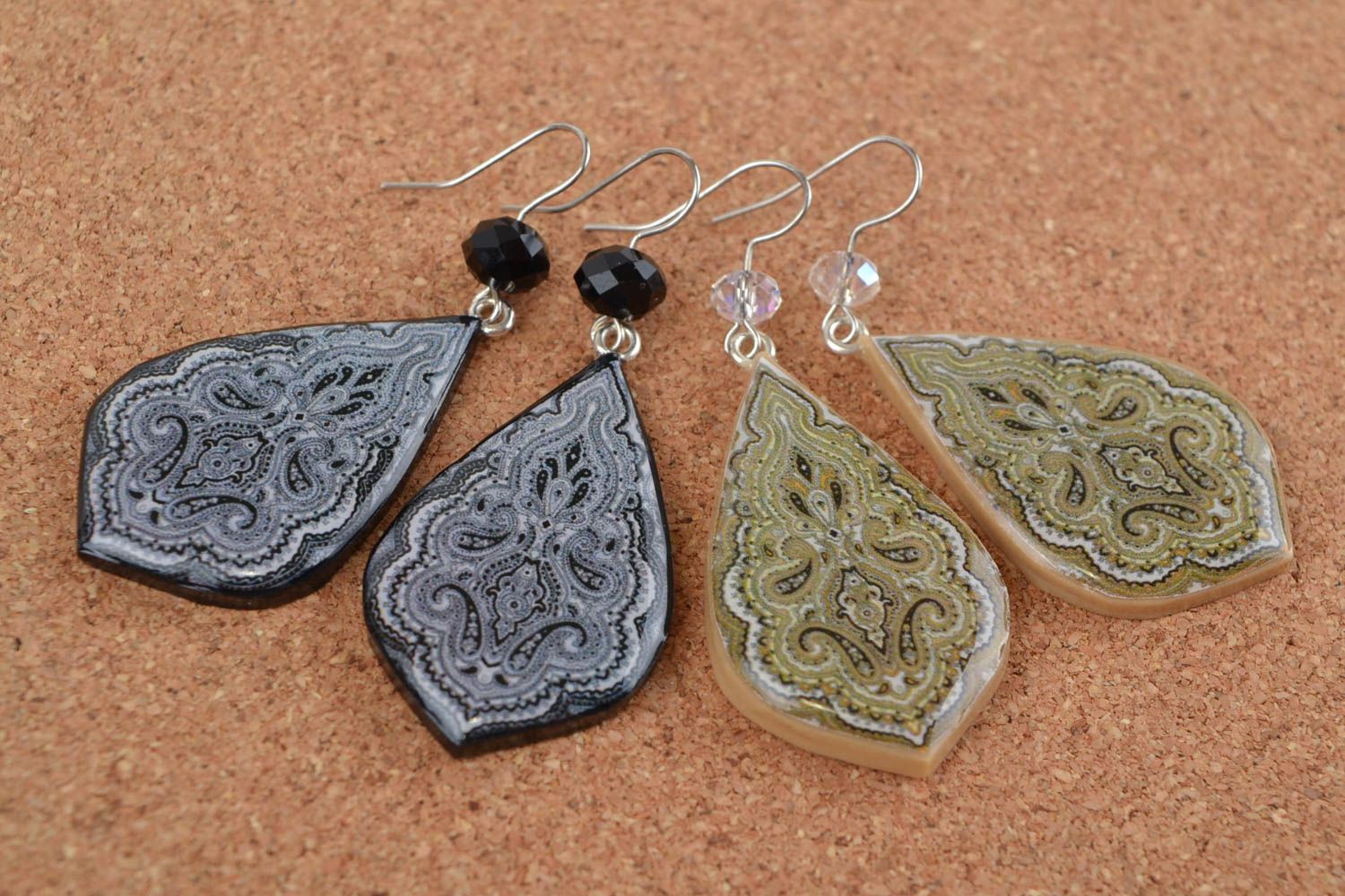 Handmade polymer clay earrings with decoupage set of 2 pairs black and beige photo 1