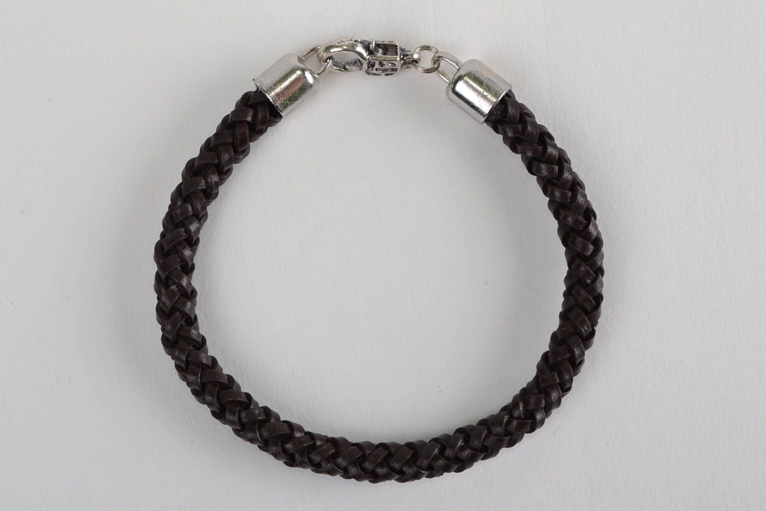 Unusual stylish handmade braided brown leather wrist bracelet photo 5