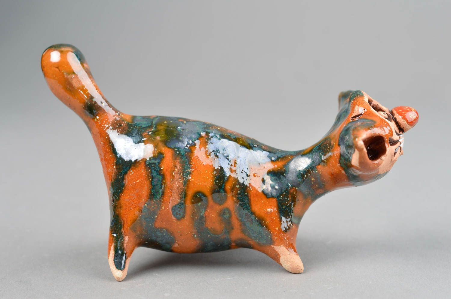 Глиняная статуэтка расписанная цветной глазурью хэнд мэйд Худой кот оранжевый фото 4