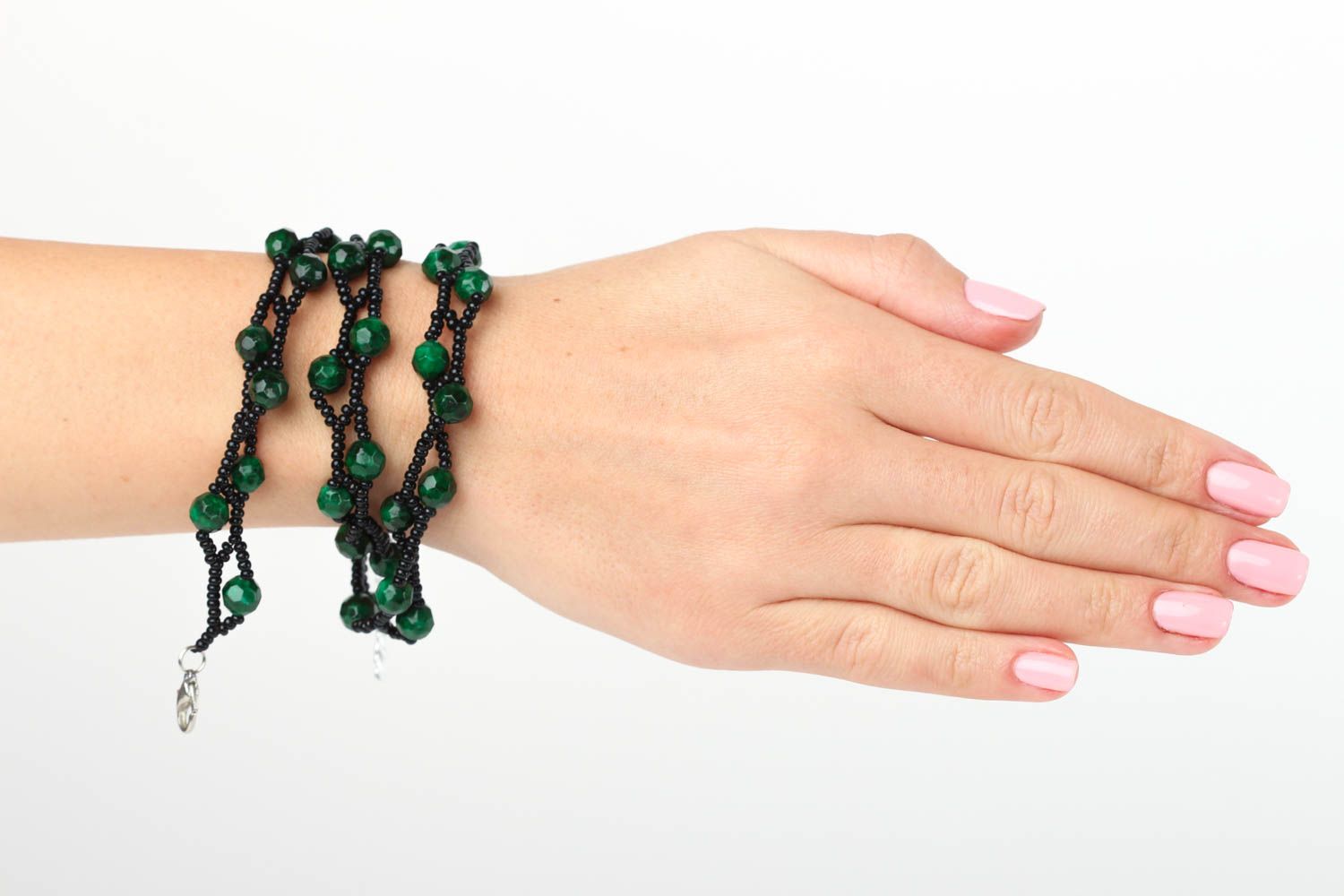 Bracelet perles rocaille Bijou fait main malachite vert noir Accessoire femme photo 5