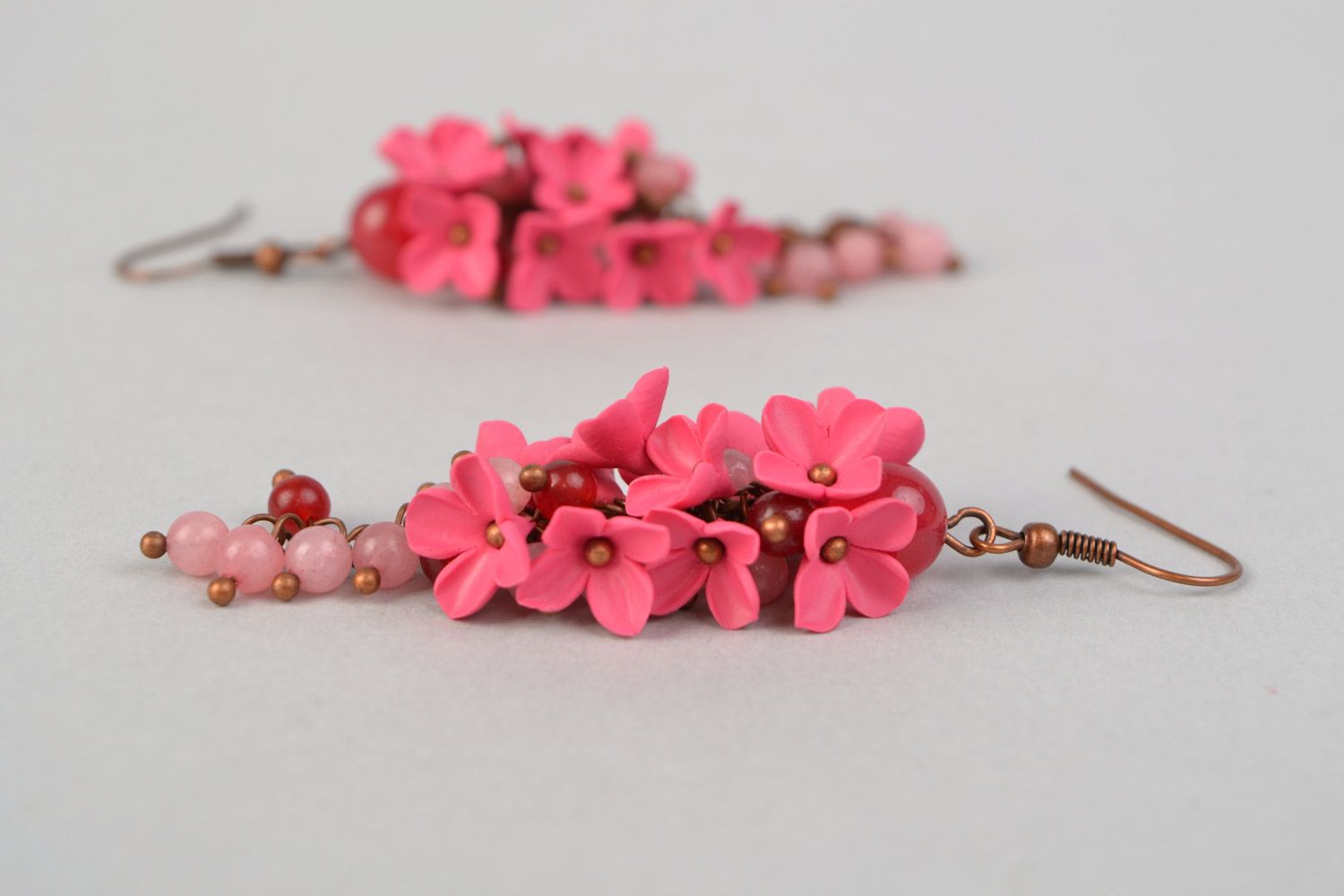 Cute handmade long earrings with polymer clay pink flowers with nephrite stone photo 5