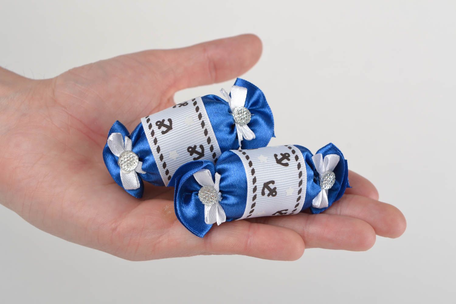 Beautiful children's handmade designer textile hair ties 2 pieces with anchors photo 2
