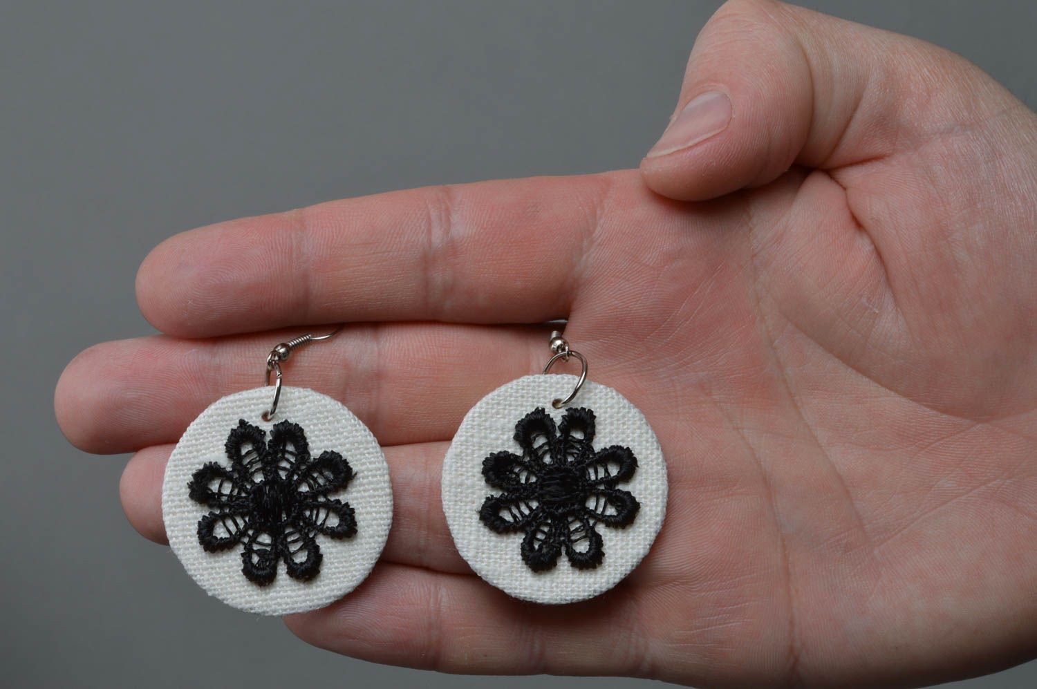 Beautiful handmade designer textile embroidered earrings with black flowers photo 4