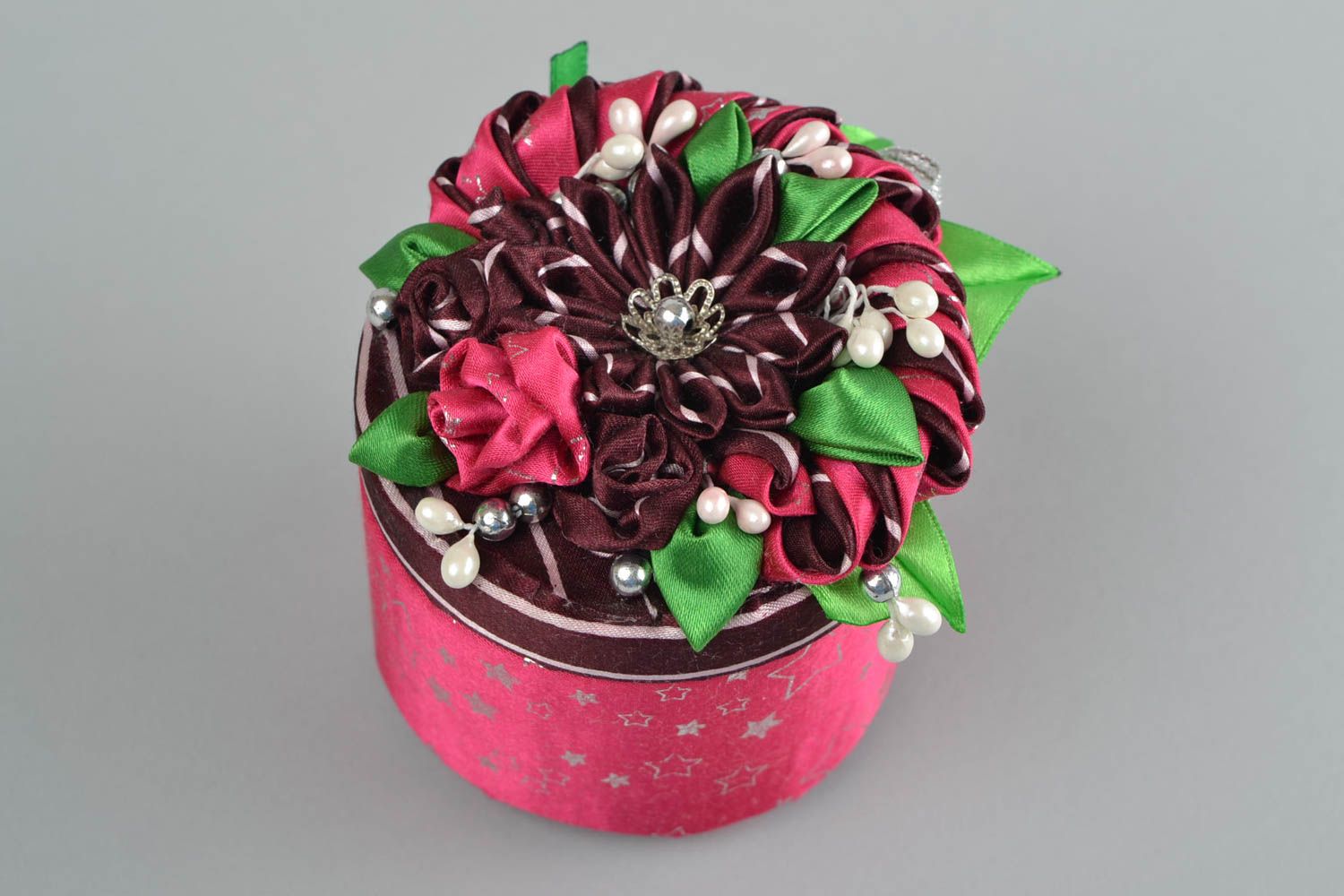 Beautiful handmade designer round carton box with kanzashi satin ribbon flowers photo 5
