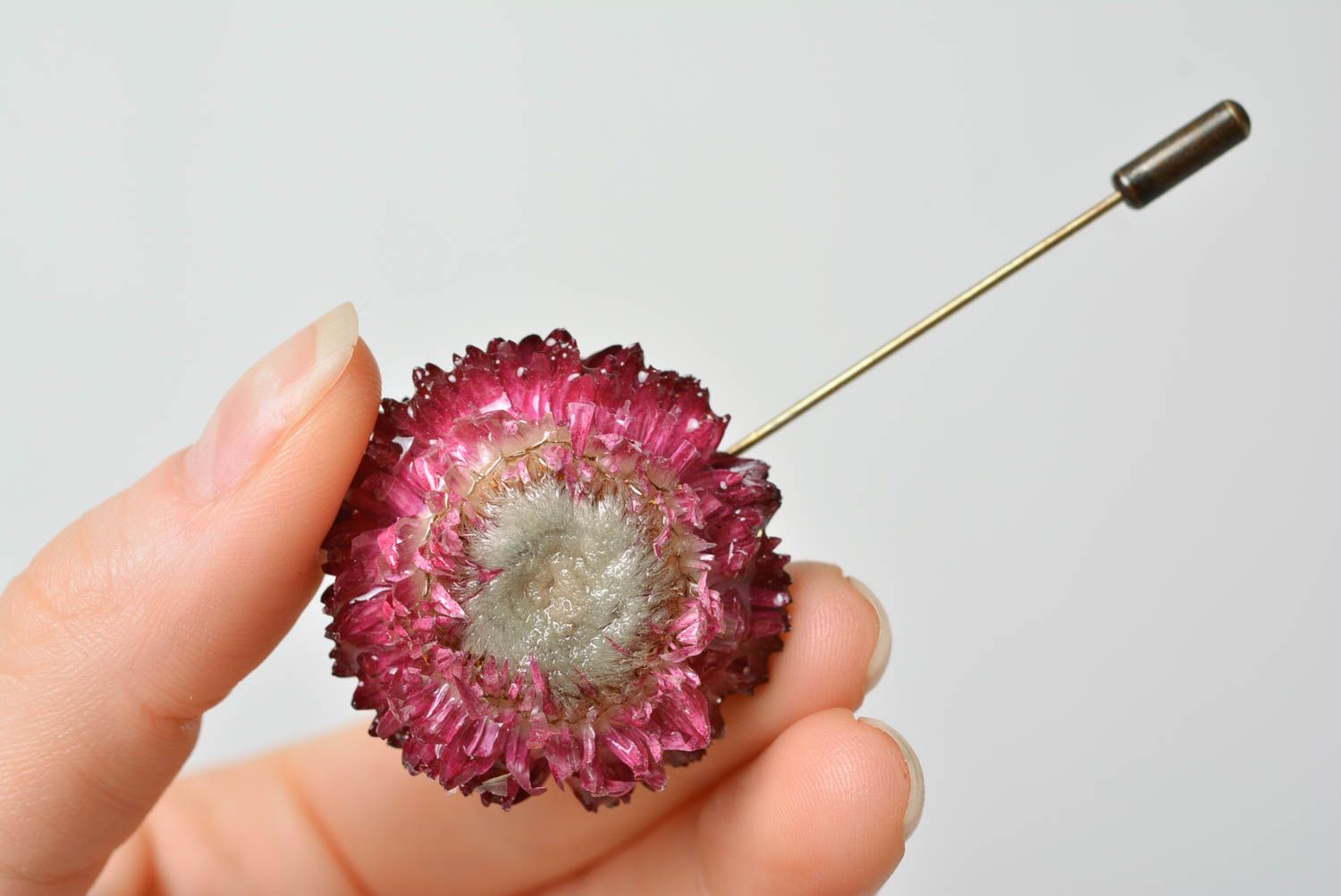 Unusual handmade designer brooch with dried flowers coated with epoxy photo 2