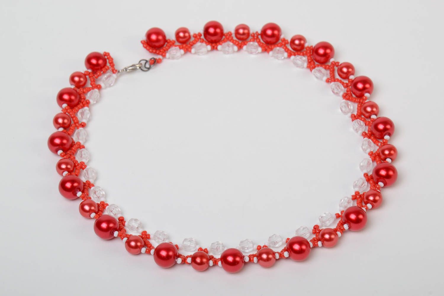 Beautiful unusual handmade red beaded necklace woven of Czech beads photo 2