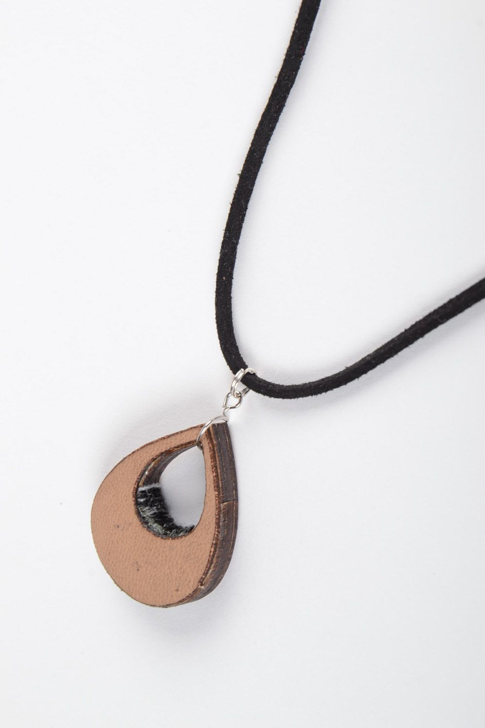 Handmade plywood pendant with embroidery and suede cord for women photo 3