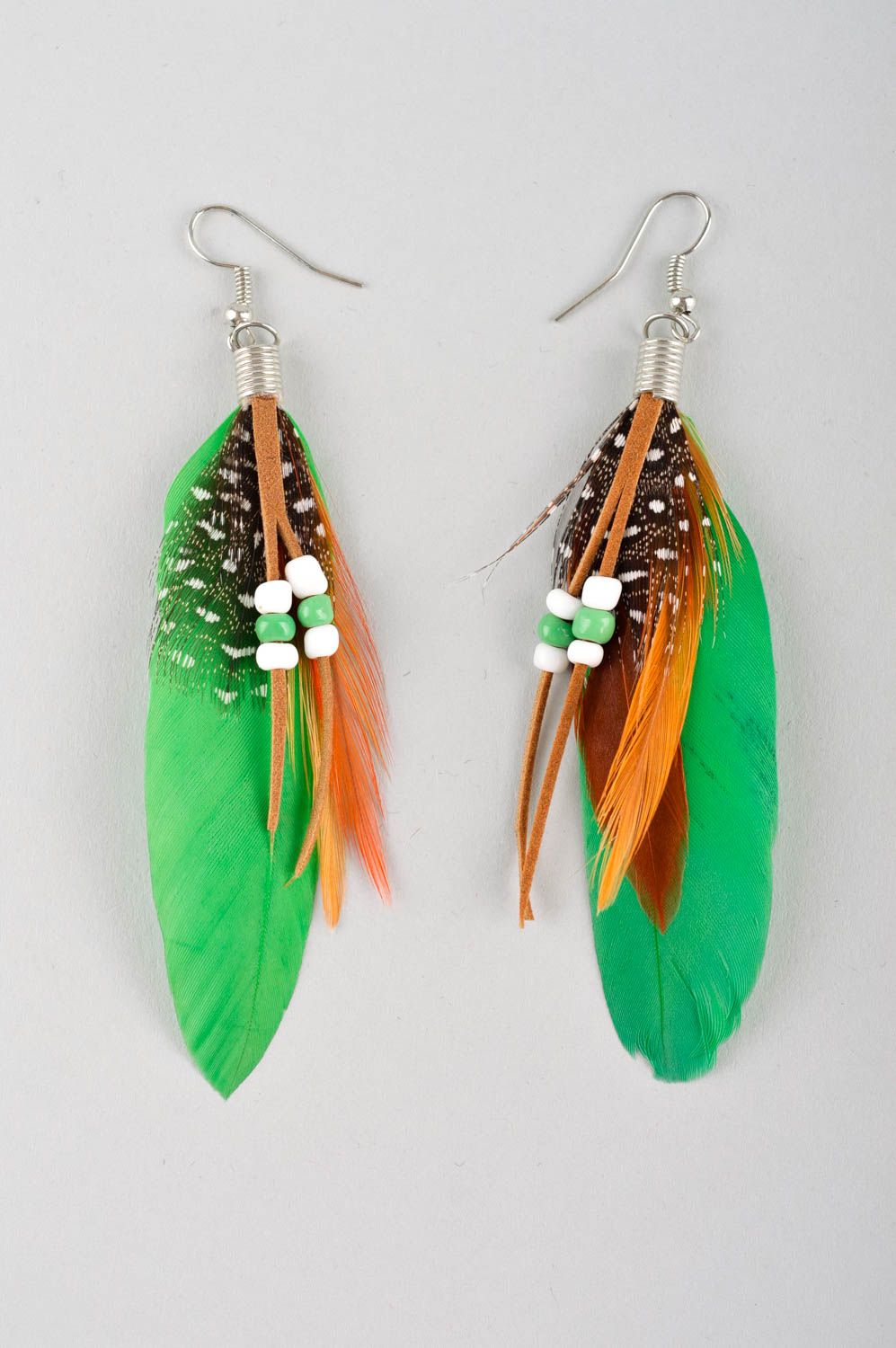 Handmade earrings with charms feather earrings long earrings feather jewelry photo 3