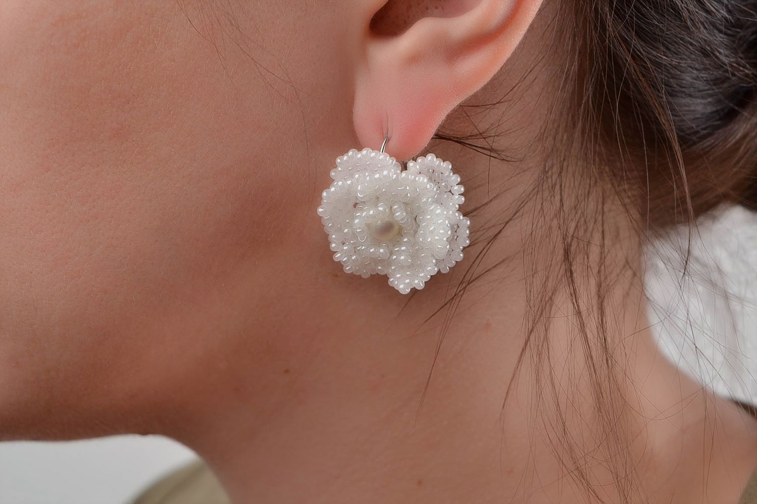 Beautiful handmade large white flower earrings woven of Czech beads photo 2