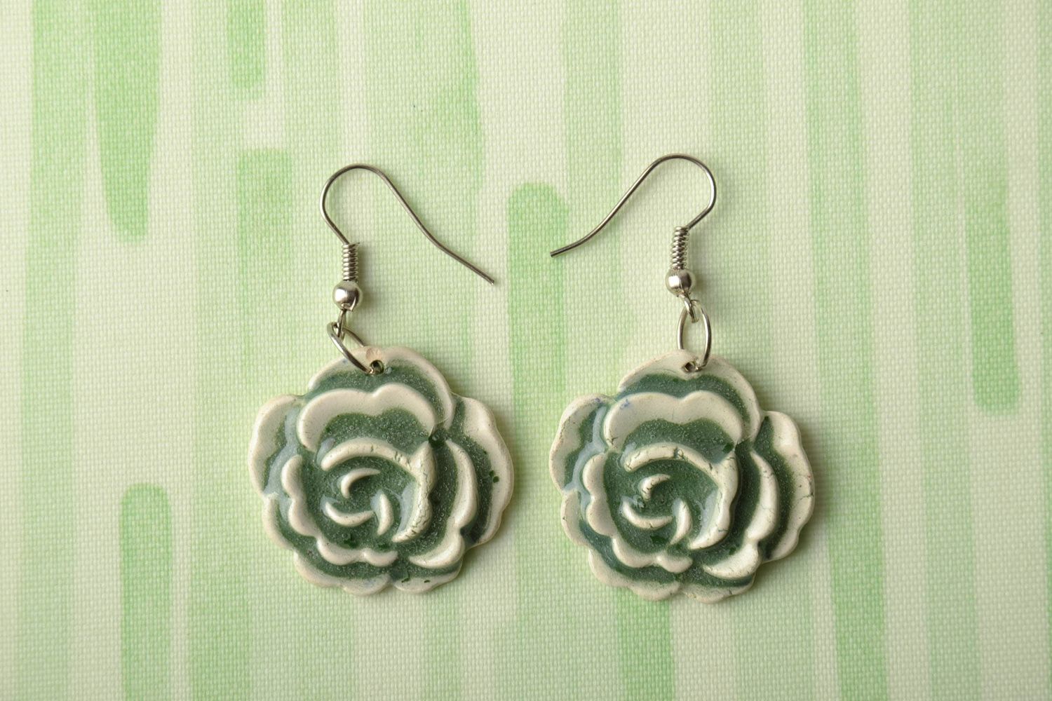 Hand molded ceramic earrings with enamel painting Roses photo 1