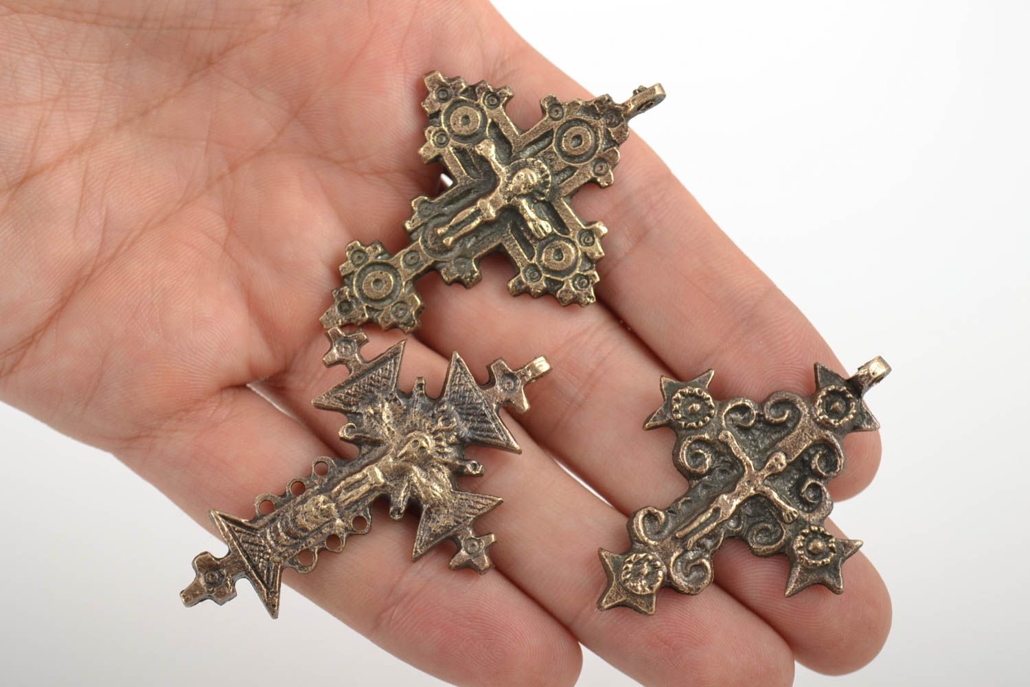 Set of 3 handmade fancy cross pendants cast of bronze of different shapes  photo 3