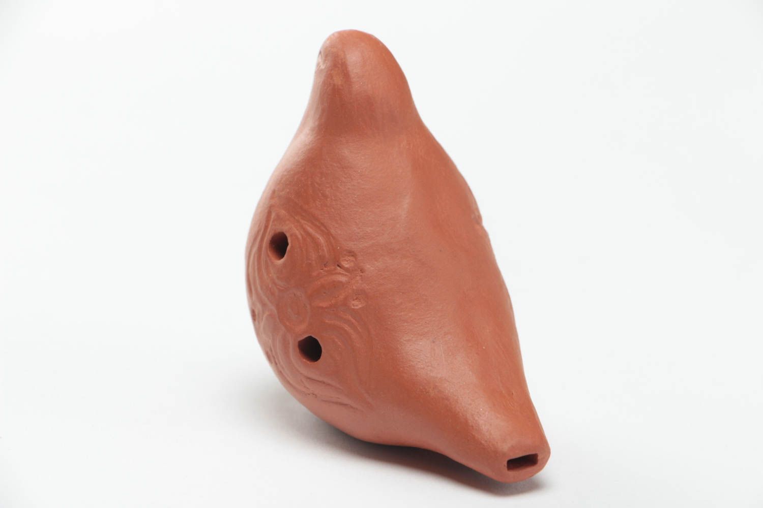 Small handmade designer ethnic clay ocarina Bird of brown color photo 3