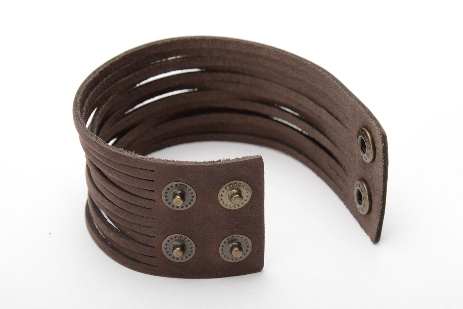Wide handmade genuine leather bracelet of beige color with studs for women photo 4