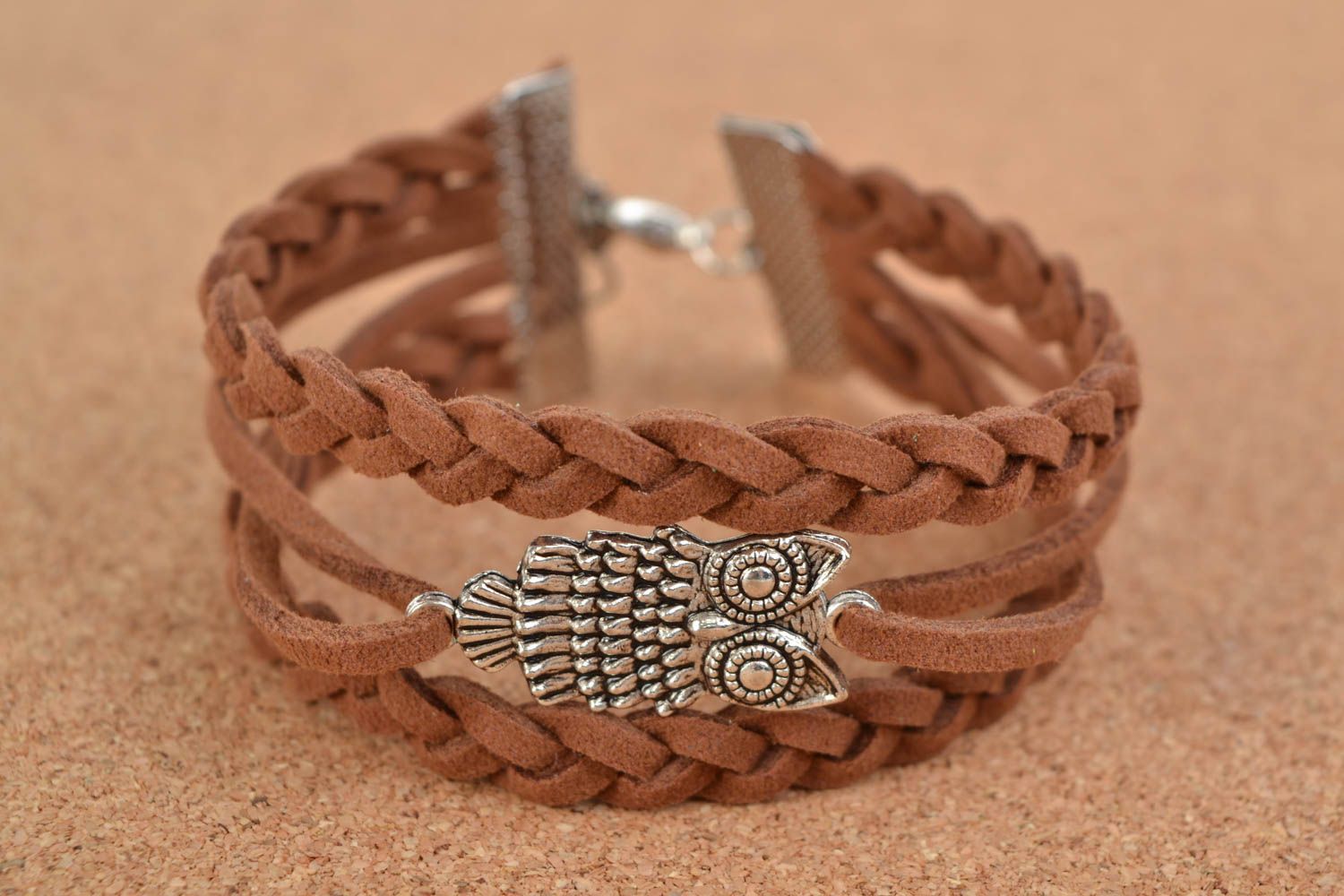 Beautiful woven handmade suede cord bracelet with owl charm photo 1