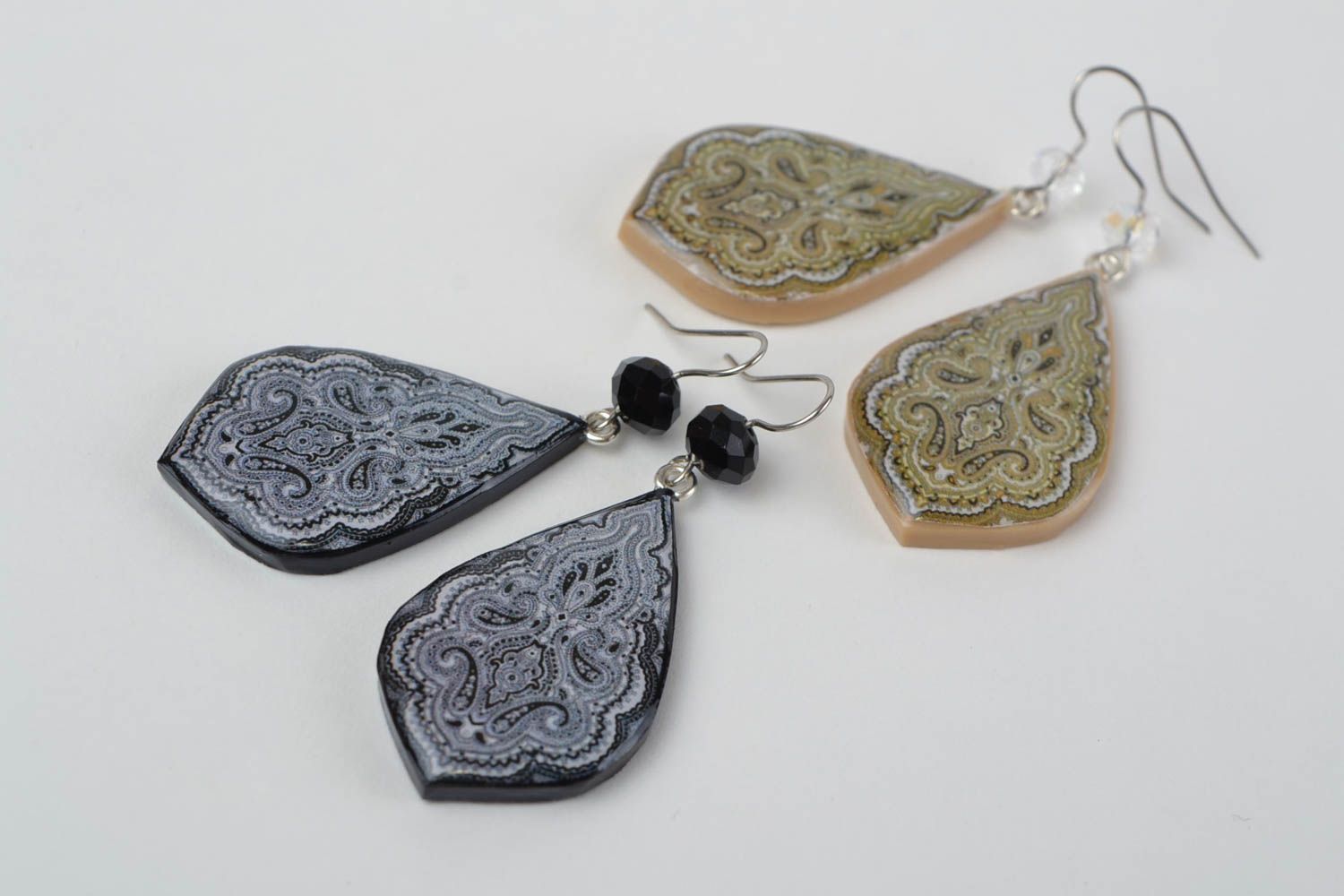 Handmade polymer clay earrings with decoupage set of 2 pairs black and beige photo 4