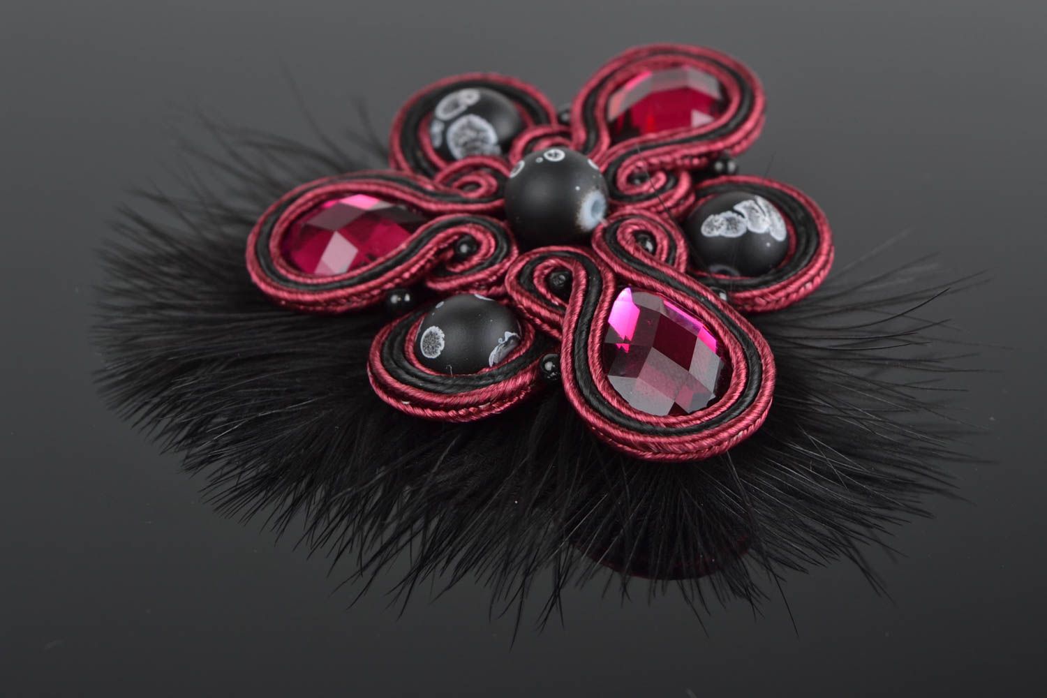 Handmade dark soutache brooch with feathers glass beads and leather basis photo 1