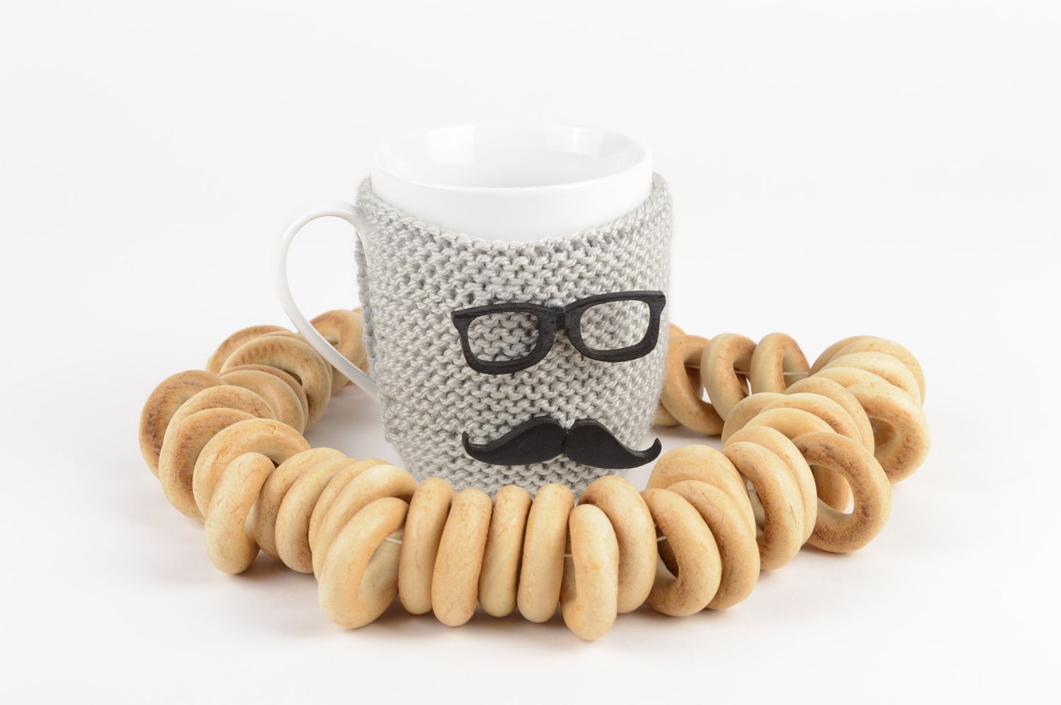 8 oz white porcelain cup with knitted cover with man and mustache pattern photo 1