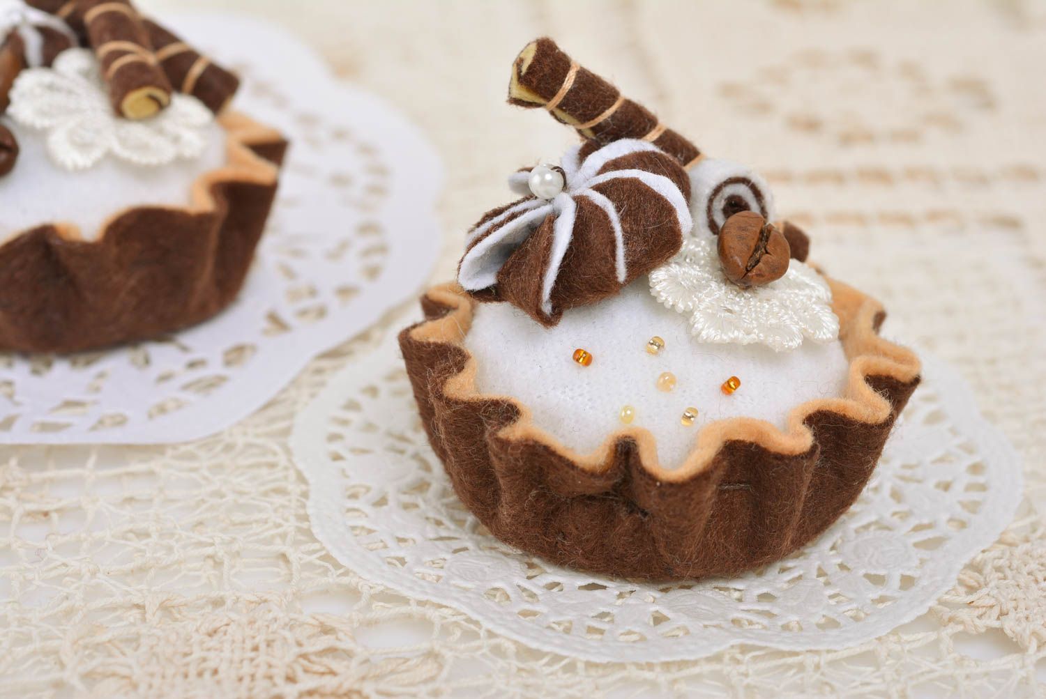 Handmade soft pincushion sewn of felt in the shape of chocolate cake with coffee photo 2