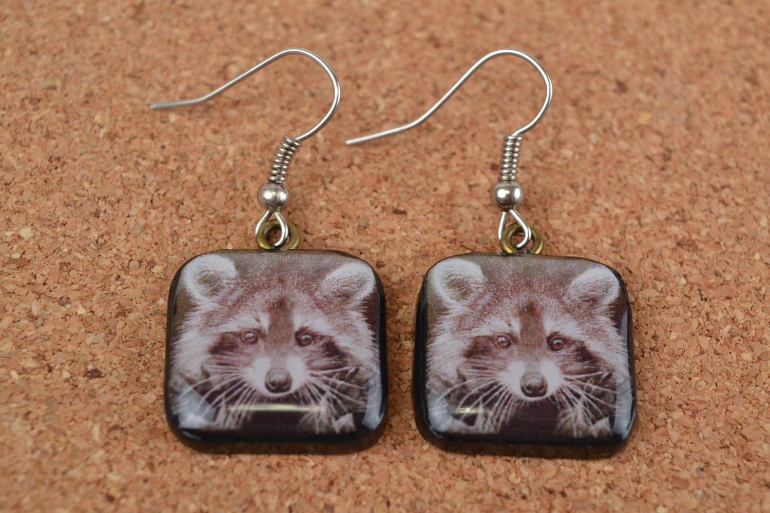 Beautiful handmade square polymer clay earrings with decoupage Raccoons photo 1