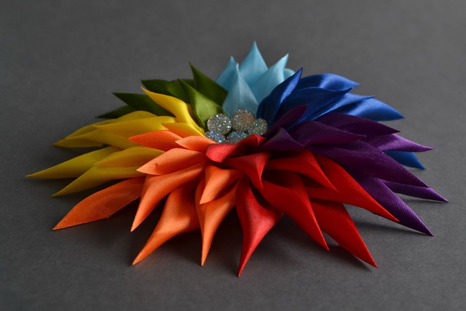 Handmade colorful hair tie with large volume satin ribbon kanzashi flower photo 1