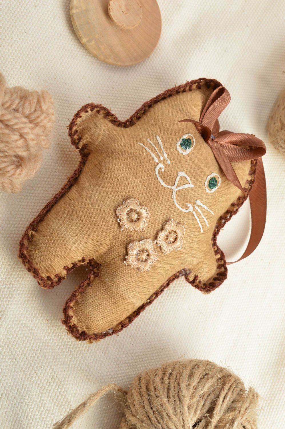Handmade soft interior pendant made of cotton with ornament for home cat photo 1