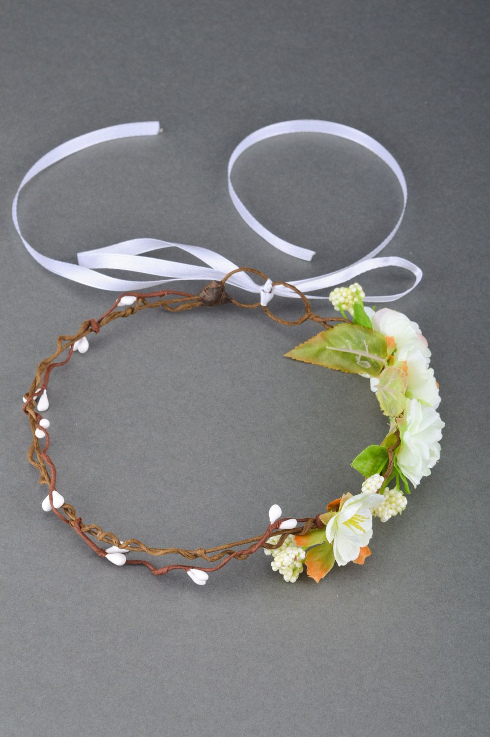 Tender homemade headband with artificial  white flowers Cherry Blossom photo 2