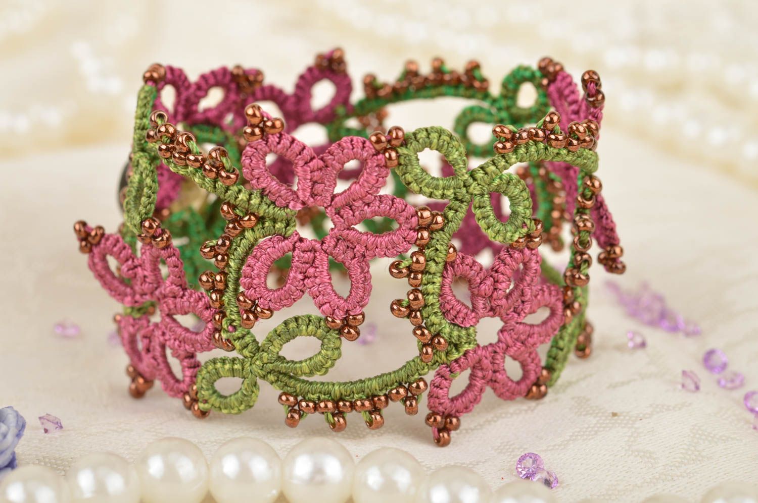 Green and pink handmade designer tatted lace bracelet with beads for girls photo 1