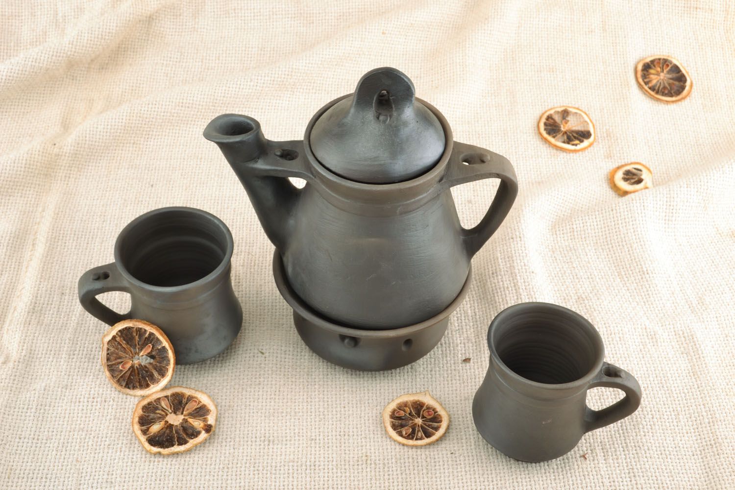 Black smoked clay black coffee set with ceramic kettle and 2 two cups photo 5