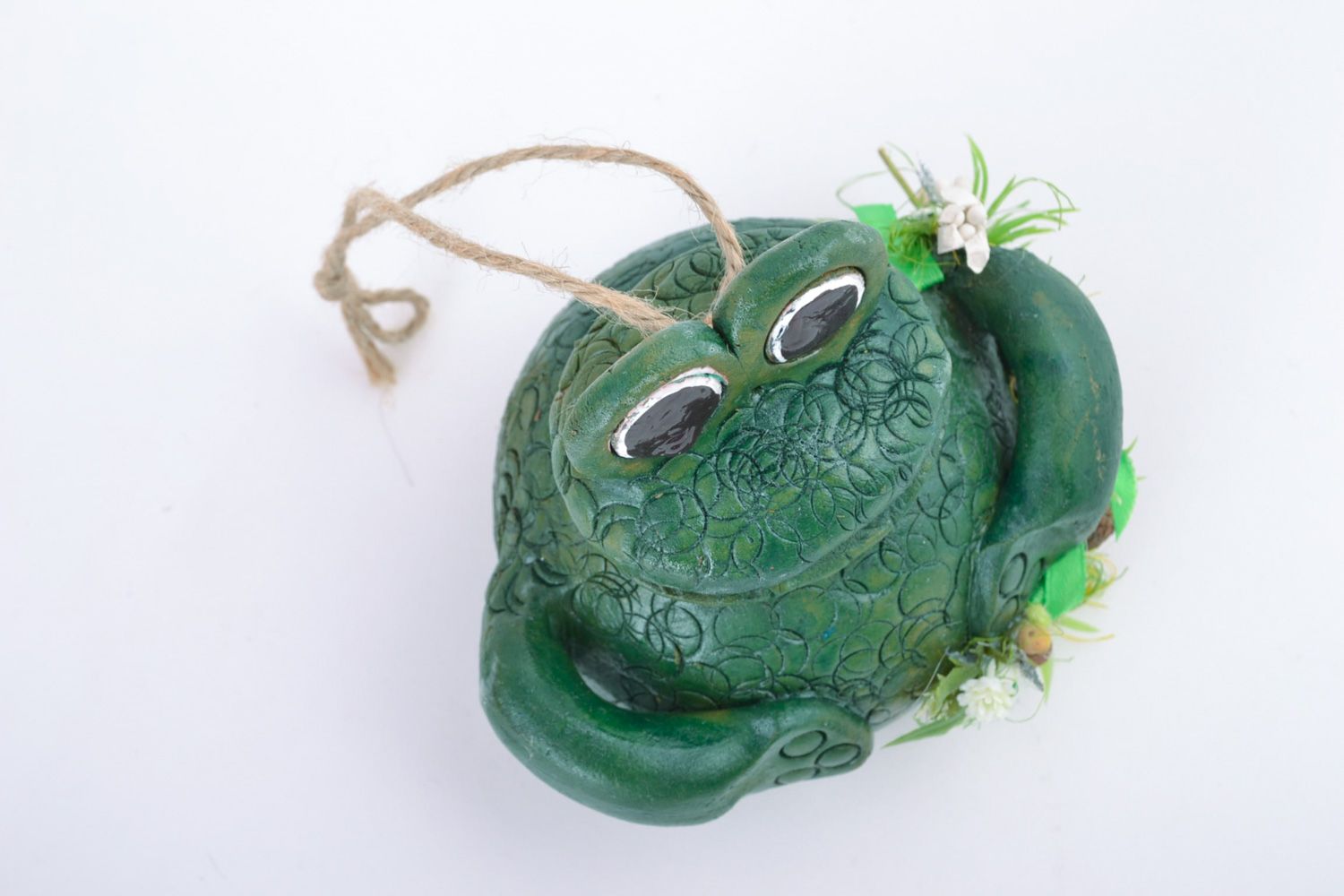 Handmade funny ceramic painted hanging bell in the shape of green frog  photo 3