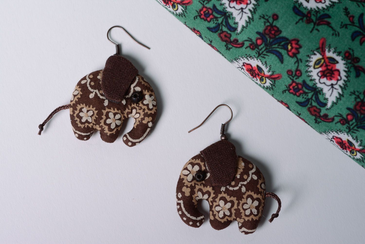 Handmade fabric dangle earrings sewn of fabric in brown color palette elephants photo 1