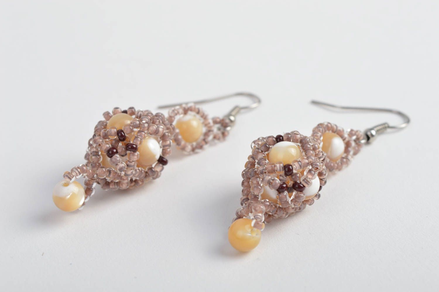 Designer seed beaded earrings with pearl finish handmade unique bijouterie photo 2