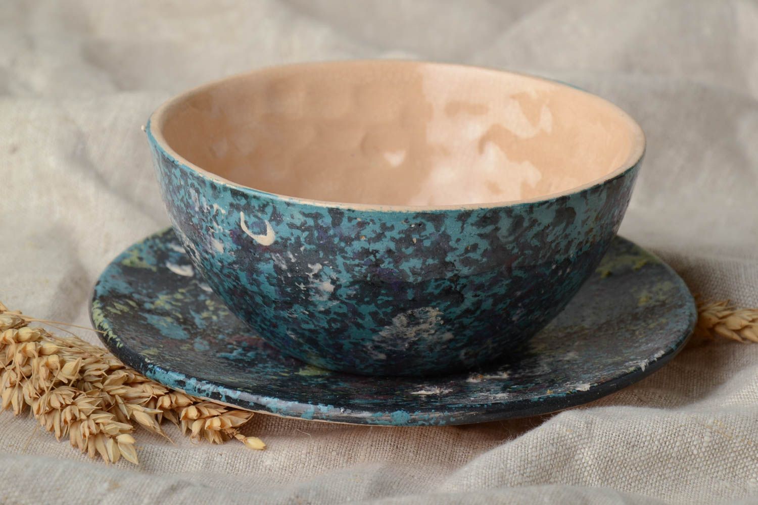 Тарелка с блюдцем для супа комплект темного цвета из глины красивые хэнд мейд фото 1
