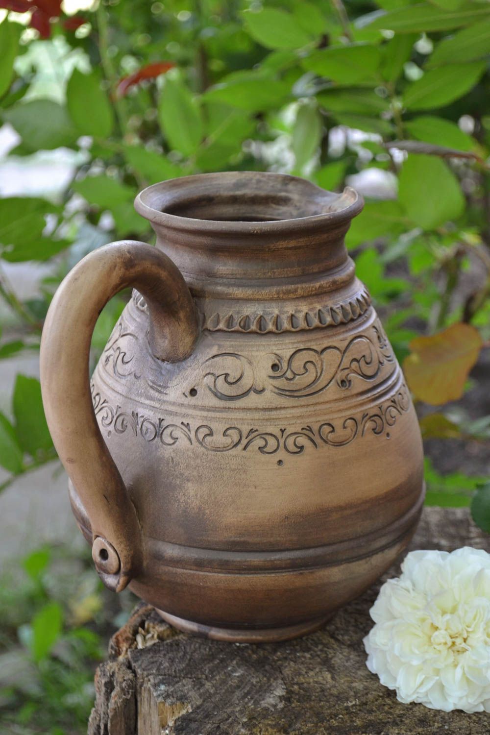 Cruche céramique originale en terre cuite 2 litres marron à motif faite main photo 1