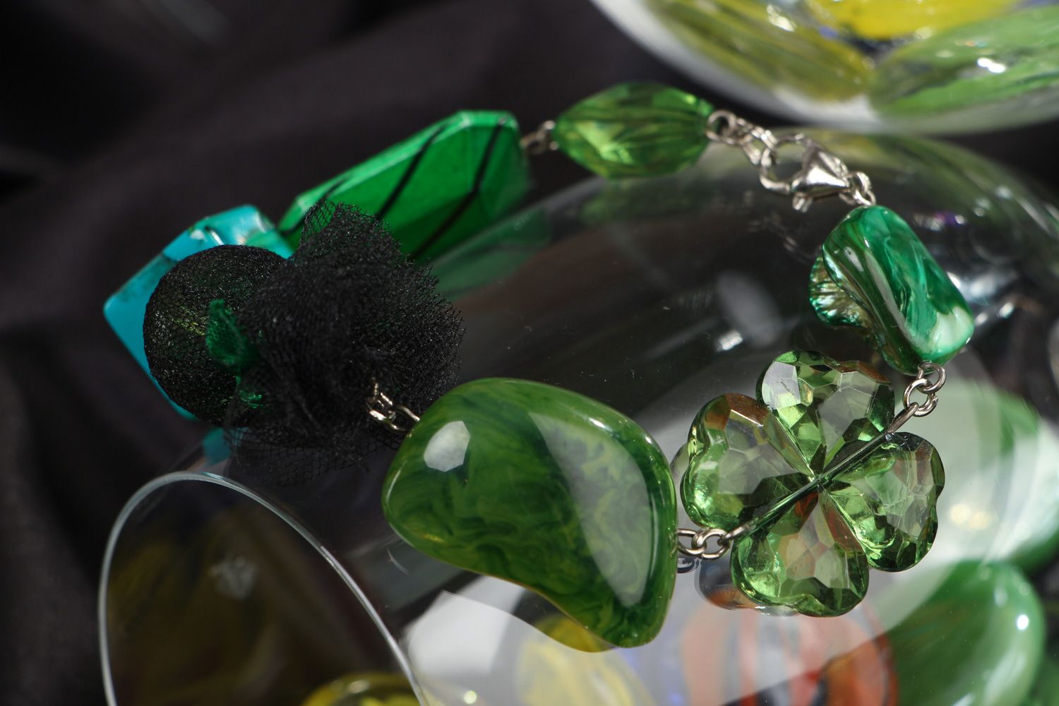 Handmade women's beaded wrist bracelet Emeralds photo 5